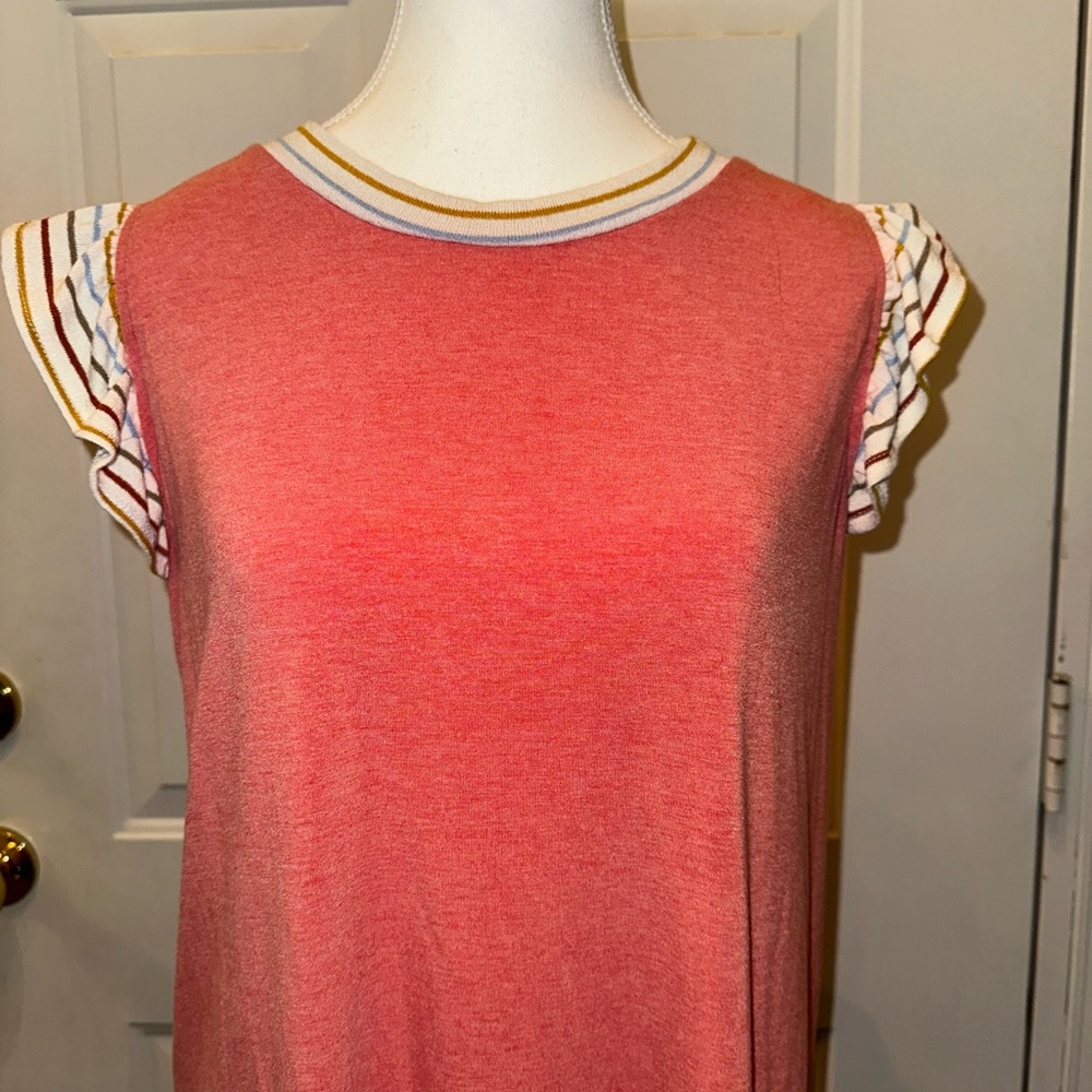 Ces Femme Coral Short Sleeve Top with Striped Ruffle Sleeves